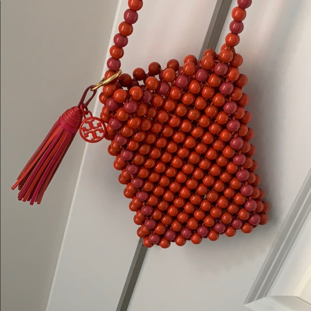 Tory Burch orange and pink beaded crossbody bag